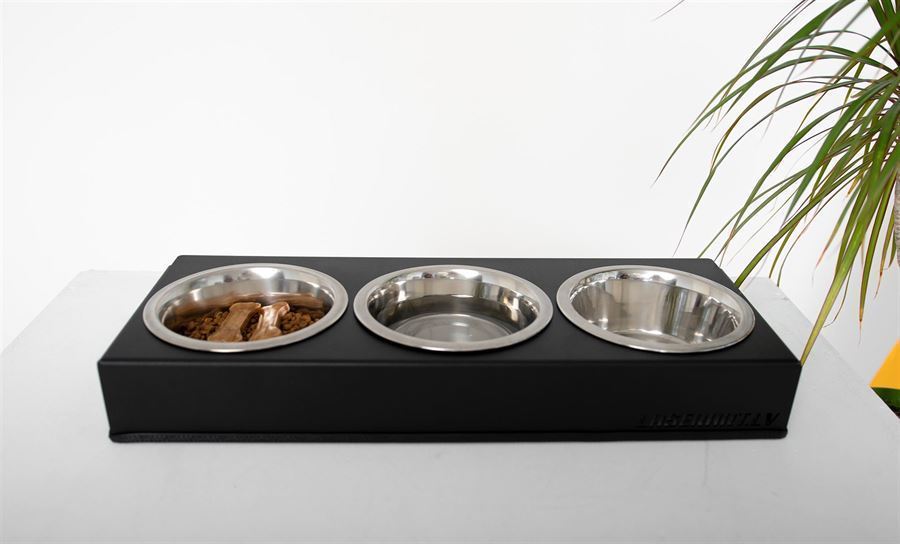 Erhöhter Hunde futterstation mit 3 Schüsseln. Freistehende Basis